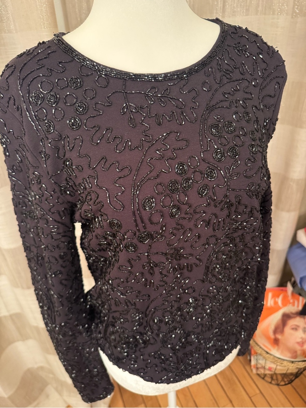 Vintage 1990s Lauren Ralph Lauren black beaded long-sleeve blouse.